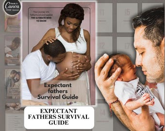Puede incluir: Una guía para futuros padres, con una foto de una pareja esperando un bebé. El texto de la portada dice "Expectant Fathers Survival Guide".