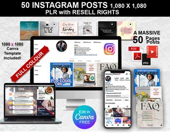 50 Instagram Post Template, PLR & Resell License, Canva Template included, Plr, Plr Resell Template, Commercial Usage, IG Posts Template