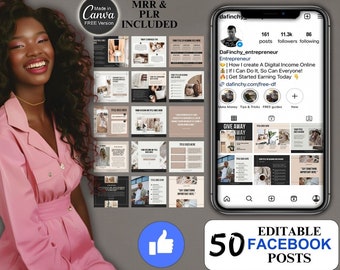 Peut inclure: Une collection de 50 modèles de publications Facebook modifiables dans un schéma de couleurs noir et blanc avec une couleur d'accent beige. Les modèles présentent une variété de designs, y compris des zones de texte, des images et des icônes. Le texte sur l'image indique "Publications Facebook modifiables".