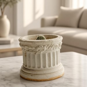 Puede incluir: Una maceta de cerámica blanca con forma de base de columna clásica, con un exterior estriado y una banda decorativa de relieve floral alrededor del borde superior. La maceta tiene un acabado desgastado y contiene un pequeño cactus verde.