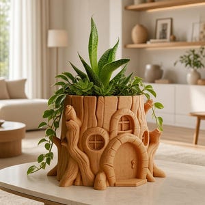 Könnte beinhalten: Ein hellbrauner Pflanztopf in Form eines Baumstamms mit geschnitzten architektonischen Details, darunter eine abgerundete Tür und zwei kleine Fenster. Der Topf enthält eine grüne Bogenhanfpflanze und Blattwerk, das über die Außenseite hängt.