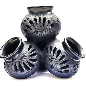 Mystical Artisanal Barro Negro 4 Pyramid Decorative Vase Handcrafted with Natural Black Clay Base from Oaxaca, MX item # GTL10027
