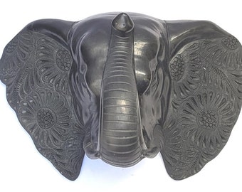 Majestic Elegance: Barro negro Elephant Head wall Art handcrafted from natural black tray in Oaxaca, MX.  item # GTL10023