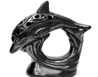 Barro negro or black clay dolphin handmade in Oaxaca, Mexico item # MGN60001