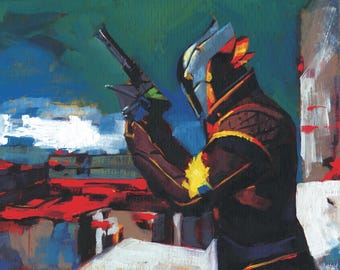 Pintura al óleo de un brujo de Destiny 2 sobre abedul: arte de jugador artesanal