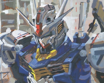 Gundam Aerial Oil Painting: Handcrafted Mecha Art on Birch (11x14)