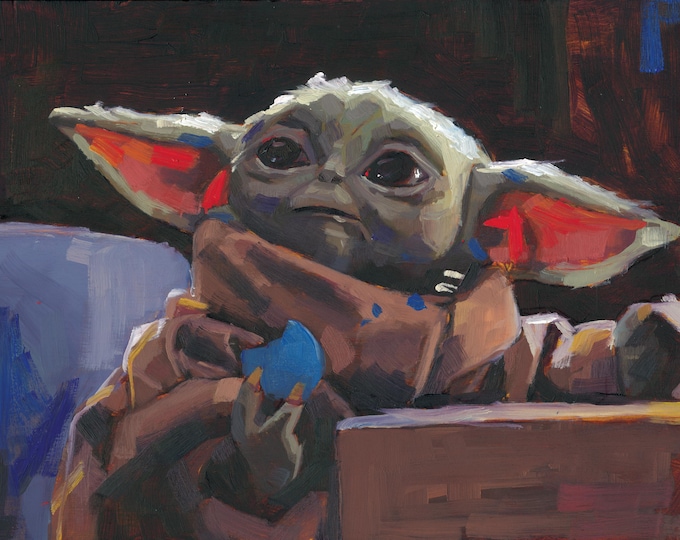 Featured listing image: Grogu "Cookie Time" - Oil Painting: Handmade Star Wars Art on Birch