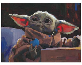 Grogu Cookie Time Art Print | Star Wars Inspired Wall Art | Cute Space Fantasy Poster | Gamer & Nerd Gift