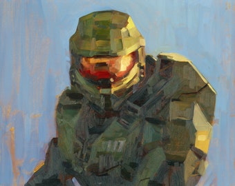 Master Chief Oil Painting on Birch: Handcrafted Halo Art (11x14)