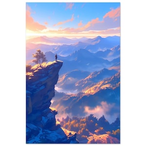 Elevated Serenity: Anime Mountain Landscape - Majestic Peaks at SunrisePoster premium su carta opaca
