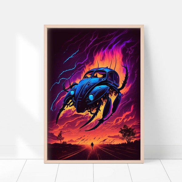 Beetle Wall Art | Blue Flying Bug Car | 80s Cosmic Horror Synthwave Poster | Retrowave Design | Printable Art | Apartment Arcade Decor