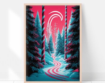 Holiday Candy Cane Wall Art, Rétro années 80 Synthwave imprimable, Winter Candy Forest, Impression d’affiche de Noël, Décoration d’hiver Téléchargement numérique