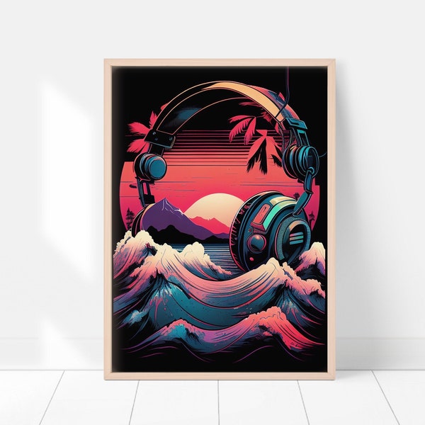 Trendy Musician Wall Art, Headphones Print, 80s Kawaii Decor, Creative Music Print, Printable Art, Synthwave, Music Lover Gift, Gamer
