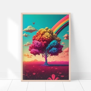 Rainbow Tree Wall Art | Colorful Pride | 80s Cotton Candy Clouds Synthwave Poster | Retrowave Design | Printable Art | Retro Bedroom Decor