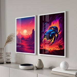 Hot Desert Dunes Set of 2 Wall Art | Blue Flying Car | 80s Red Fire Synthwave Poster | Retrowave Design | Printable Art | Movie Decor