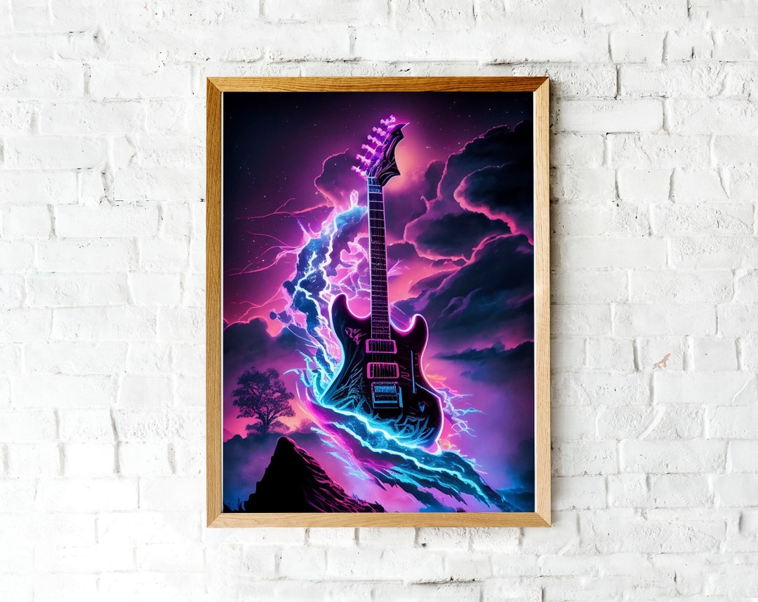Synthwave Electric Guitar Wall Art, Retro 80s Print, Lightning Rock 90s