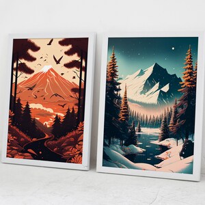 Fire & Ice Nature Synthwave Wall Art / 80s Volcano Poster / Retro Mountains Design / Landscape Print / Asian Inspired / Gift for Hiker