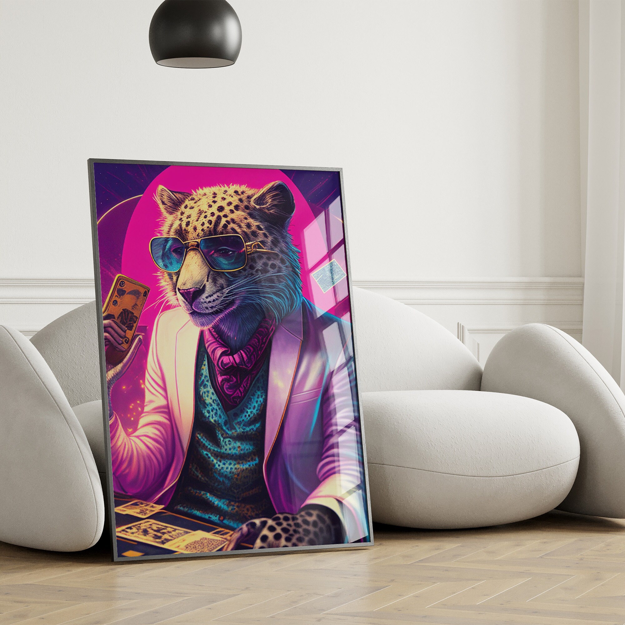 Cheetah Playing Poker Synthwave Wall Art Pink 80s Poster Retro Suit