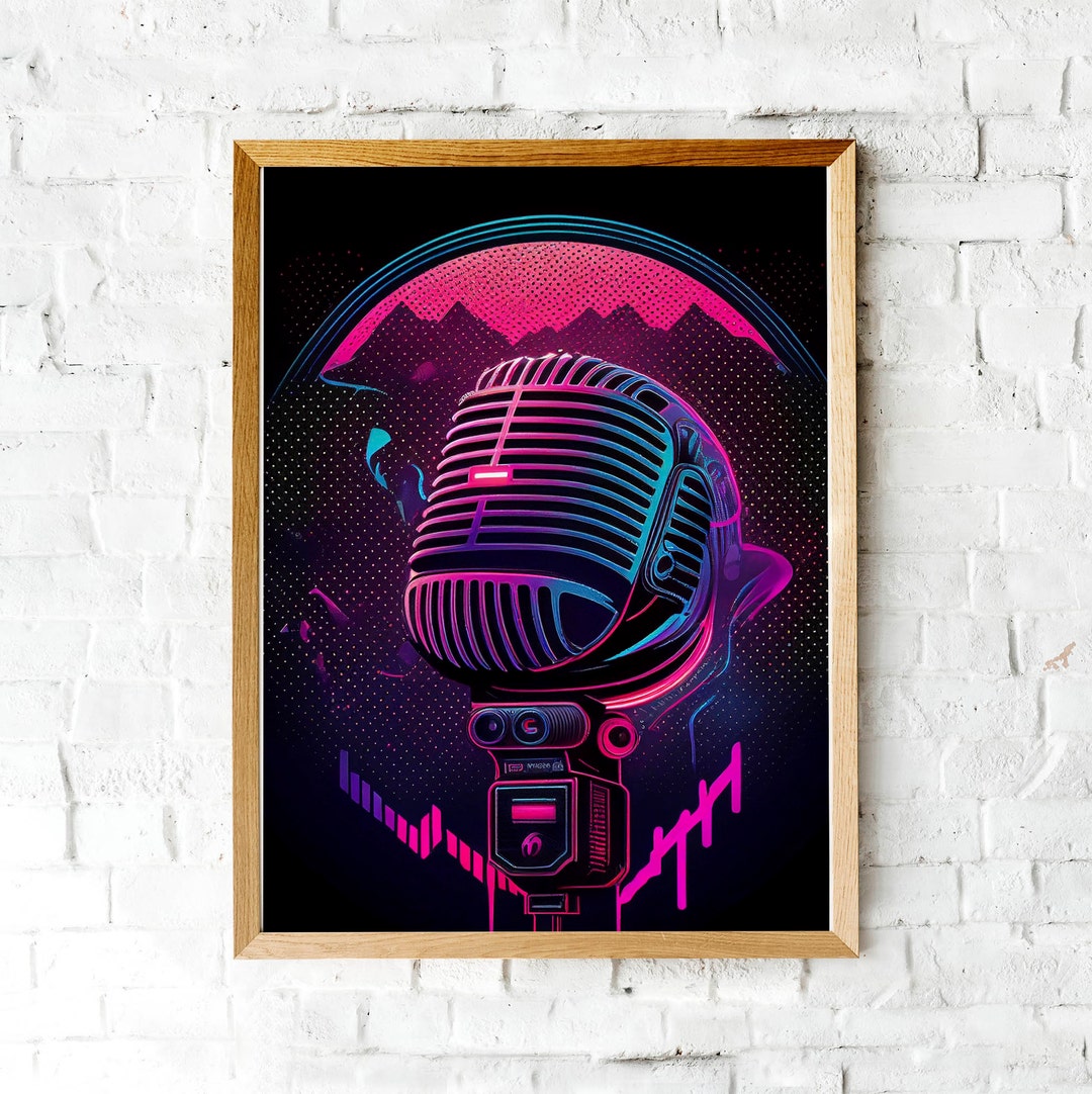 Microphone Wall Art, Retro 80s Print, Downloadable Digital Wall Art, Synthwave Painting, Gift