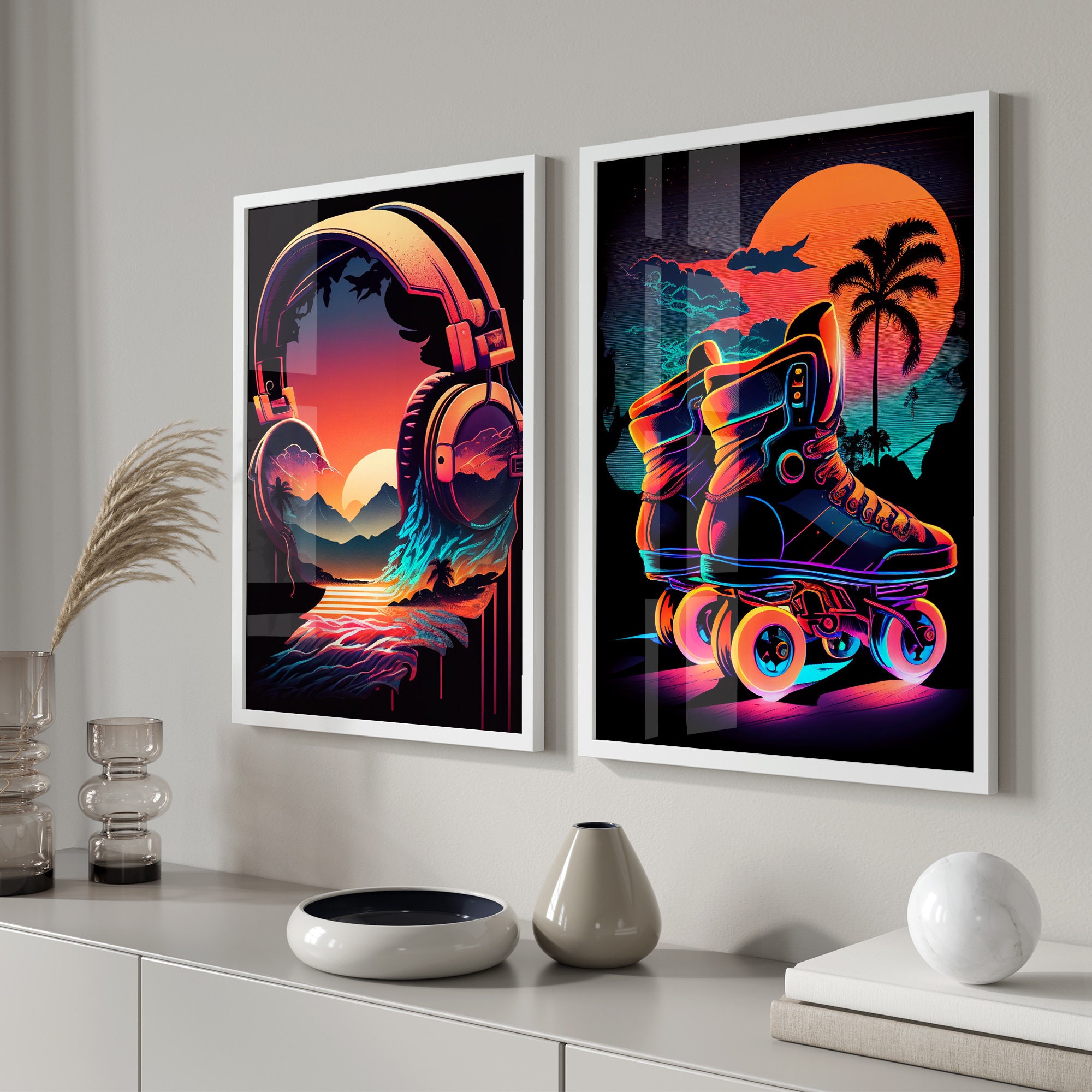 Retro Rollerblades Wall Art, Inline Skates Print, 80s Synthwave Decor, Creative Shoes Print ...