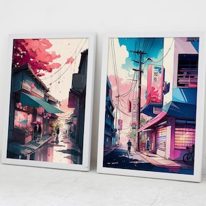 Tokyo Street Lofi Wall Art Set of 2 | Kawaii Shibuya 80s Poster | Retro Pink Design | Anime Print | Asian Synthwave | Gift for Manga Lover