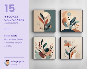 4 Professional Square Grid Canvas 1x1 Mockups #15 - Realistic Templates for Displaying Artwork - For Artists and Photographers - PSD/JPG