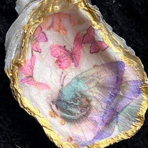 coastal oyster shell with butterflies decoupage and gold trim. can be personalized with scripture, name or anything.