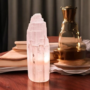 Peut inclure: Une lampe en cristal de s&eacute;l&eacute;nite blanche avec une texture naturelle en couches. La lampe est allum&eacute;e et diffuse une lueur chaude. Elle est pos&eacute;e sur une pile de livres &agrave; c&ocirc;t&eacute; d'un objet d&eacute;coratif dor&eacute;.