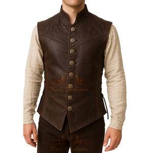 ハンドメイドメンズブラウン中世レザーベスト | ルネッサンスコスプレ