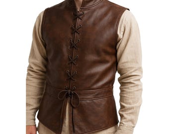 Handmade Men's Lace- Up Brown Medieval Leather Vest | Vintage Style Leather Vest | Renaissance Cosplay Costume | Fantasy Costume | Gifts