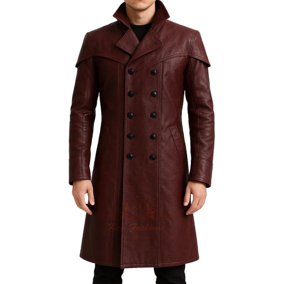 Handmade Mens Burgundy Real Leather Long Trench Coat Halloween