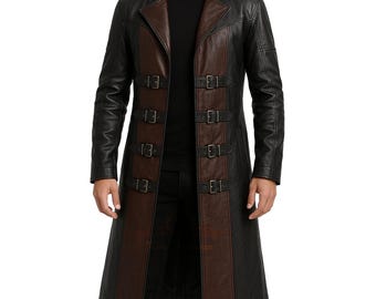 May include: A long black and brown leather coat with a notched collar and multiple buckle closures. The coat features brown panels down the front and is worn by a person. The coat has a tailored fit and a classic design.
