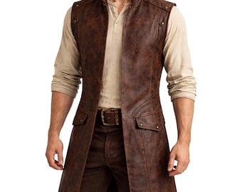 Chaleco largo medieval de cuero marrón desgastado para hombre, hecho a mano / Chaleco pirata estilo vintage