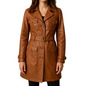 Handmade Women&#39;s Tan Brown Leather Trench Coat, Genuine Leather Belted Long Coat, Classic Style Outerwear, Brown Long coat, Gifts For Her