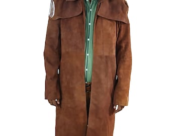 May include: A long brown suede coat with a wide collar and a single button closure. The coat has a slightly distressed look and is unlined.