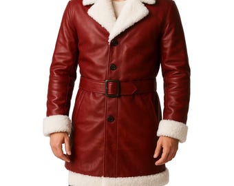 Abrigo navideño de piel sintética roja para hombre, hecho a mano, con borreguillo y cuero genuino / Abrigo de invierno de cuero rojo / Abrigo festivo / Disfraz navideño para cosplay