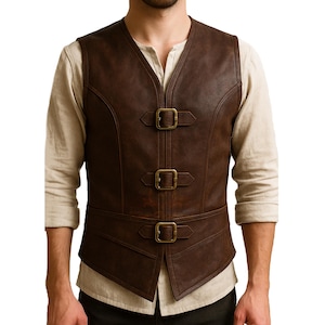 Veste médiévale en cuir marron pour homme faite main | Gilet de cosplay Renaissance | Gilet marron en cuir véritable | Cadeaux médiévaux | Cadeaux pour lui | Cadeaux