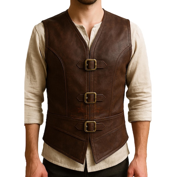 ハンドメイドメンズブラウン中世レザーベスト | ルネッサンスコスプレ