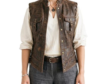 Gilet en cuir médiéval marron vieilli pour femme fait main | Costume de cosplay Renaissance | Cadeaux médiévaux