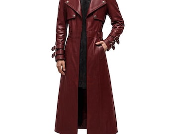 Gabardina gótica de cuero genuino para hombre, hecha a mano, color granate, disfraz de Halloween, abrigo largo gótico steampunk, regalo para él.