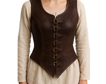 Handmade Women's Brown Genuine Leather Medieval Vest | Renaissance Costume Vest | Leather Vest | Festival Costume | Gifts For Her | Gifts
