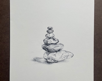 Small Cairn Rock Stack Pen and Ink Drawing, Original by KWalters 9x12