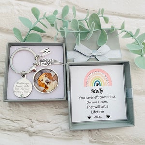 May include: A silver keyring with a photo charm of a dog, a small angel wing charm, and a charm with the text "No longer by my side but forever in my heart". The keyring is in a grey box with a card that reads "Molly You have left paw prints on our hearts that will last a lifetime 2024".