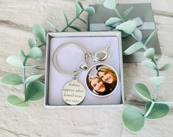 Personalized Photo Memorial Gift Keyring: Loss Loved One Keepsake , Memory Gifts ,  Robins Appear , Sympathy