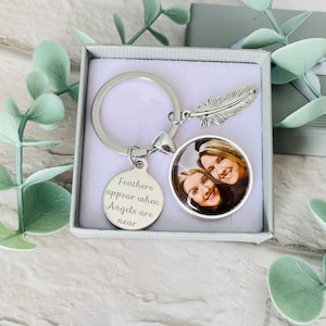 May include: A silver keyring with a feather charm and a round photo charm. The photo charm features two women smiling. The keyring also has a round tag with the inscription "Feathers appear when Angels are near."