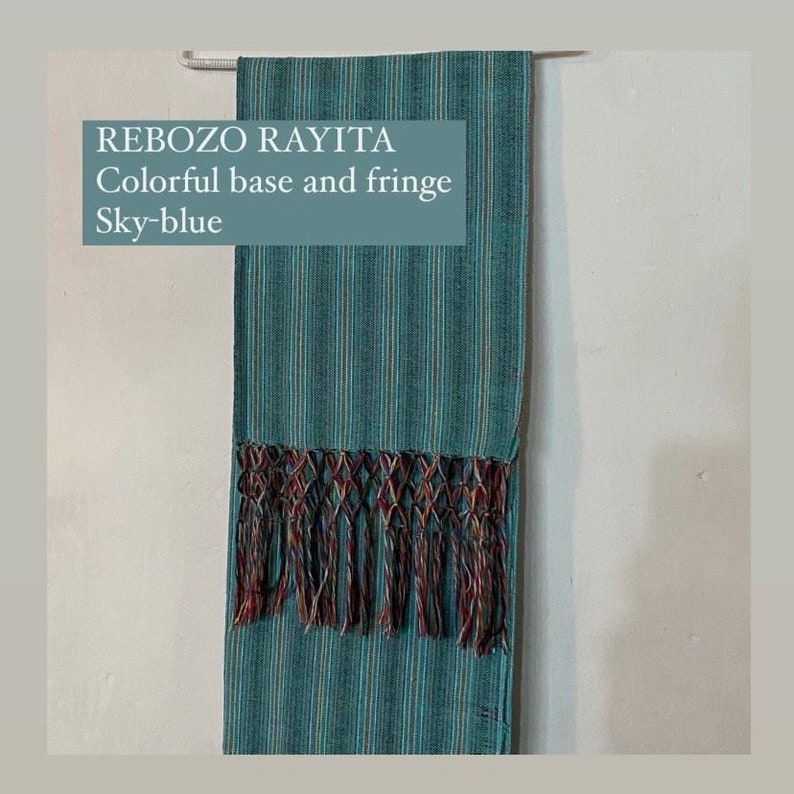 Mexican rebozo Rayita colorida colorful base and fringe 100% cotton handmade in Oaxaca zdjęcie 6