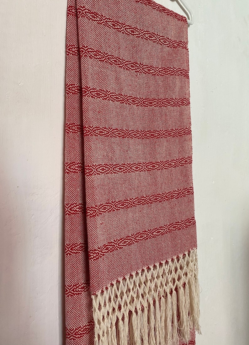 Rebozo mexicain Linea de nochebuena base et franges blanches 100 % coton fait main à Oaxaca image 8