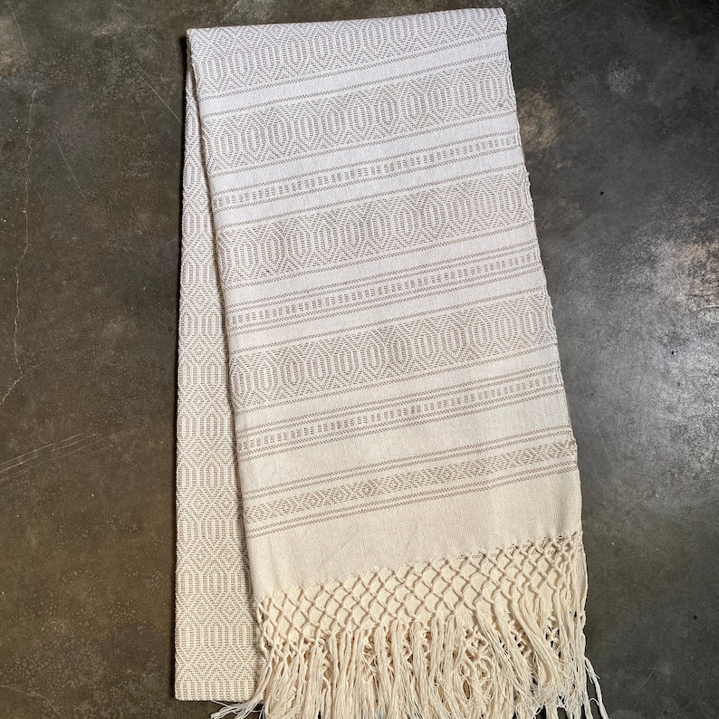 Mexican rebozo Palmita 100% cotton handmade in Oaxaca WHITE base and fringe patterns ALL OVER the rebozo image 1