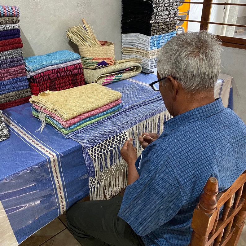 Tupido rebozo mexicain Base et franges BLANCS 100 % coton fait main à Oaxaca image 5