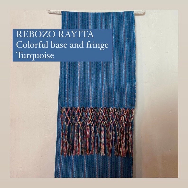 Mexican rebozo Rayita colorida colorful base and fringe 100% cotton handmade in Oaxaca zdjęcie 9